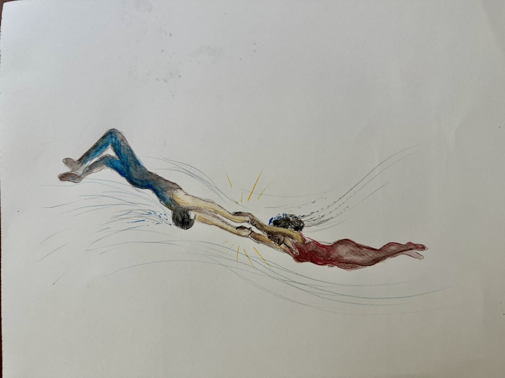 Two trapeze artists, mid-air